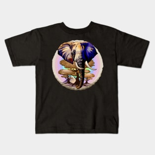 African Elephant, Acacias and Kilimanjaro Mountain on Soft Pastel Rainbow Kids T-Shirt